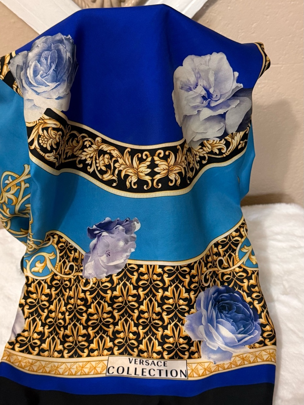 Versace Collection Royal Blue and Turquoise Baroque Floral Silk Scarf